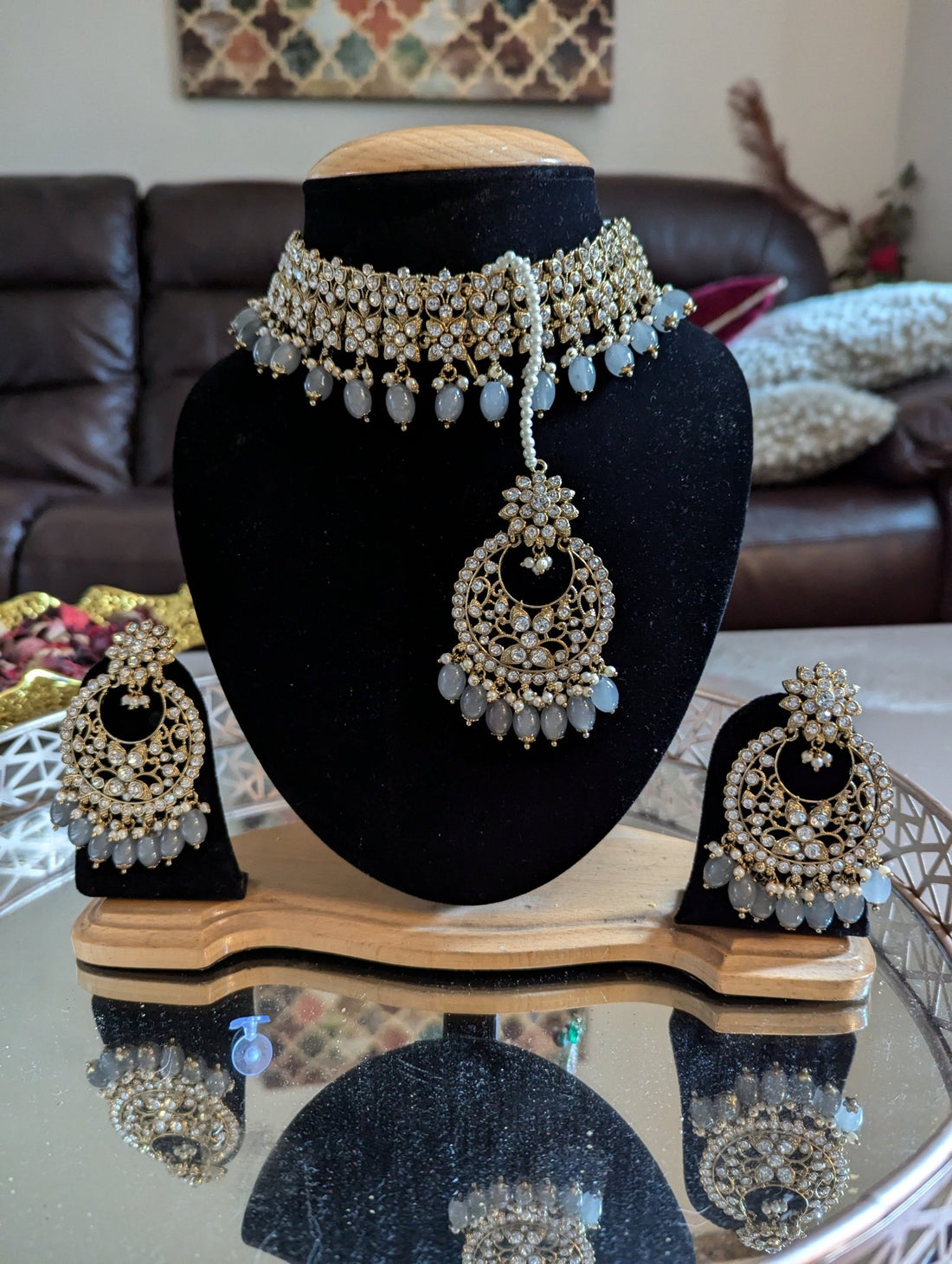 332 335 grey dark blue necklace jewellery set - KundanByNadia