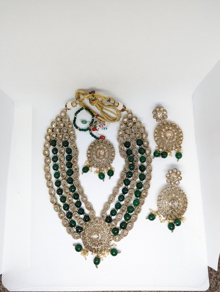 468 GREEN MALA KUNDAN NECKLACE SET - KundanByNadia