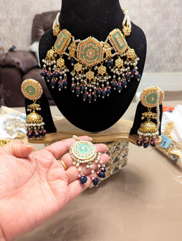 484 blue bridal necklace chokkar jewellery set