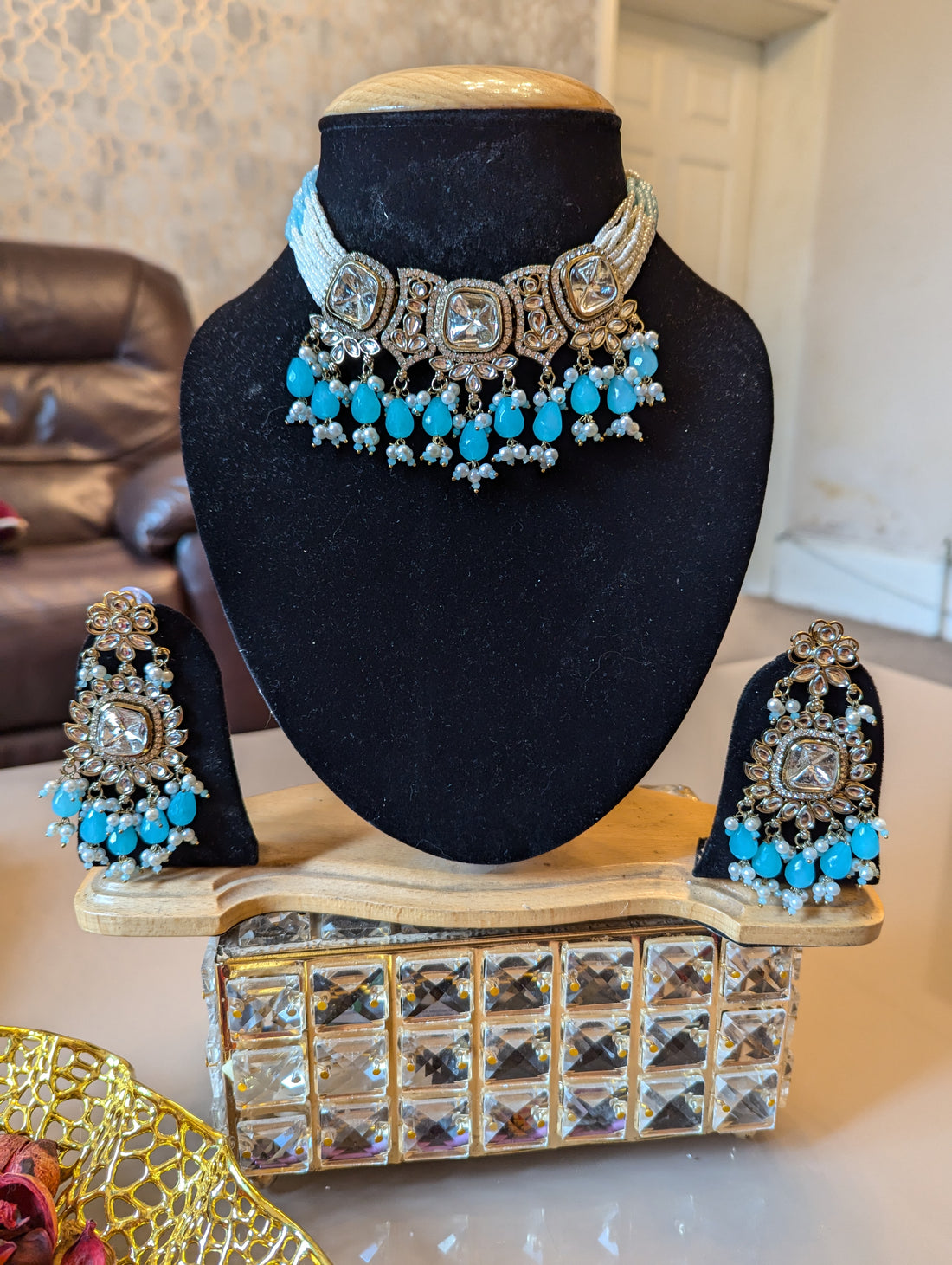 446 sky blue uncut kundan necklace jewellery set