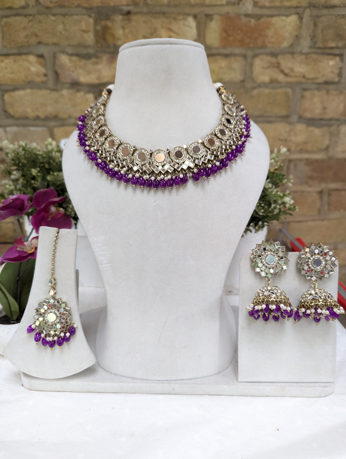 668 purple necklace jewellery set with full mirror work jhumki