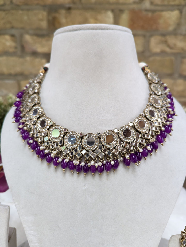 668 purple necklace jewellery set with full mirror work jhumki