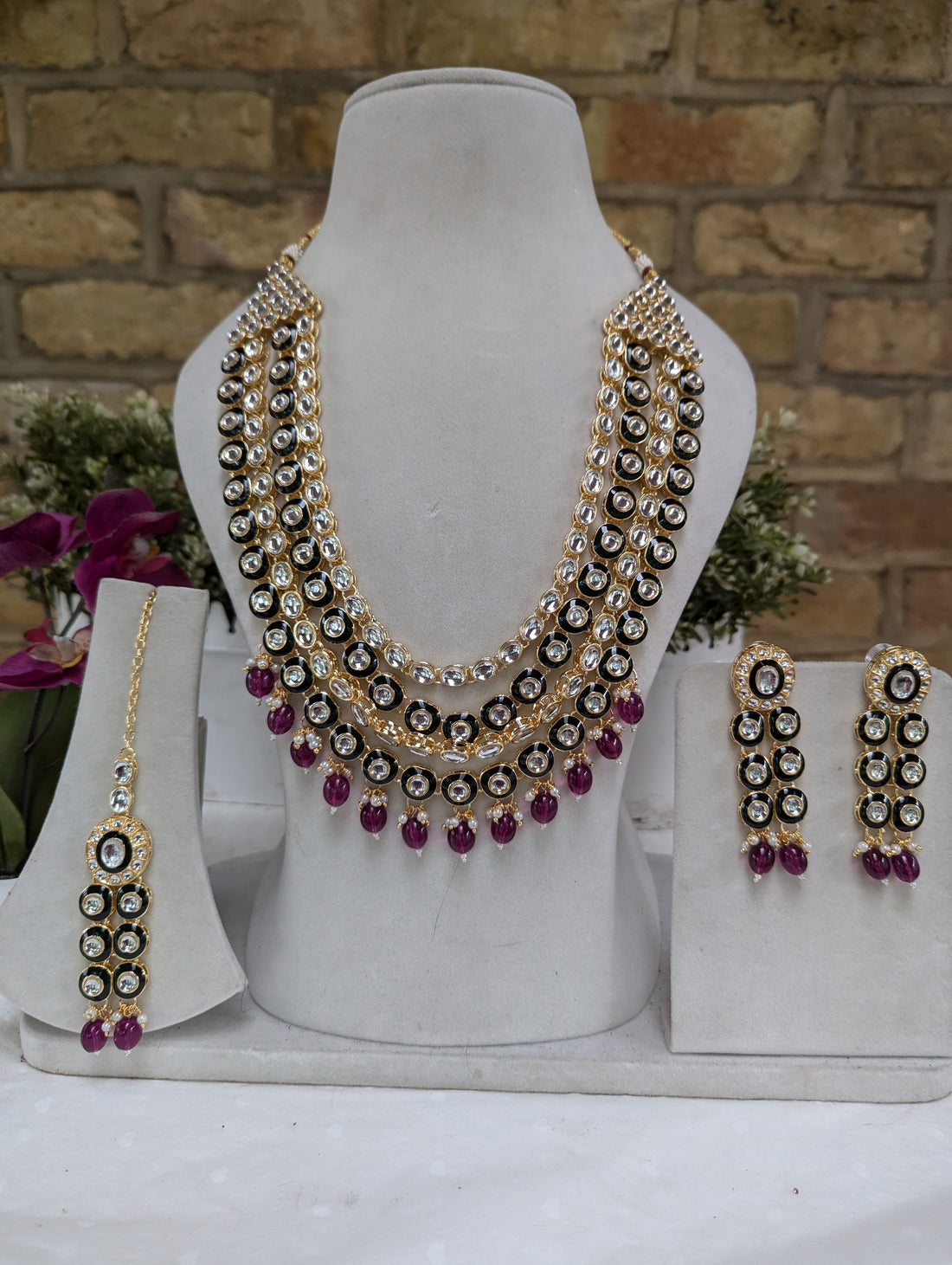 669 purple long mala necklace jewellery set with earrings tikka