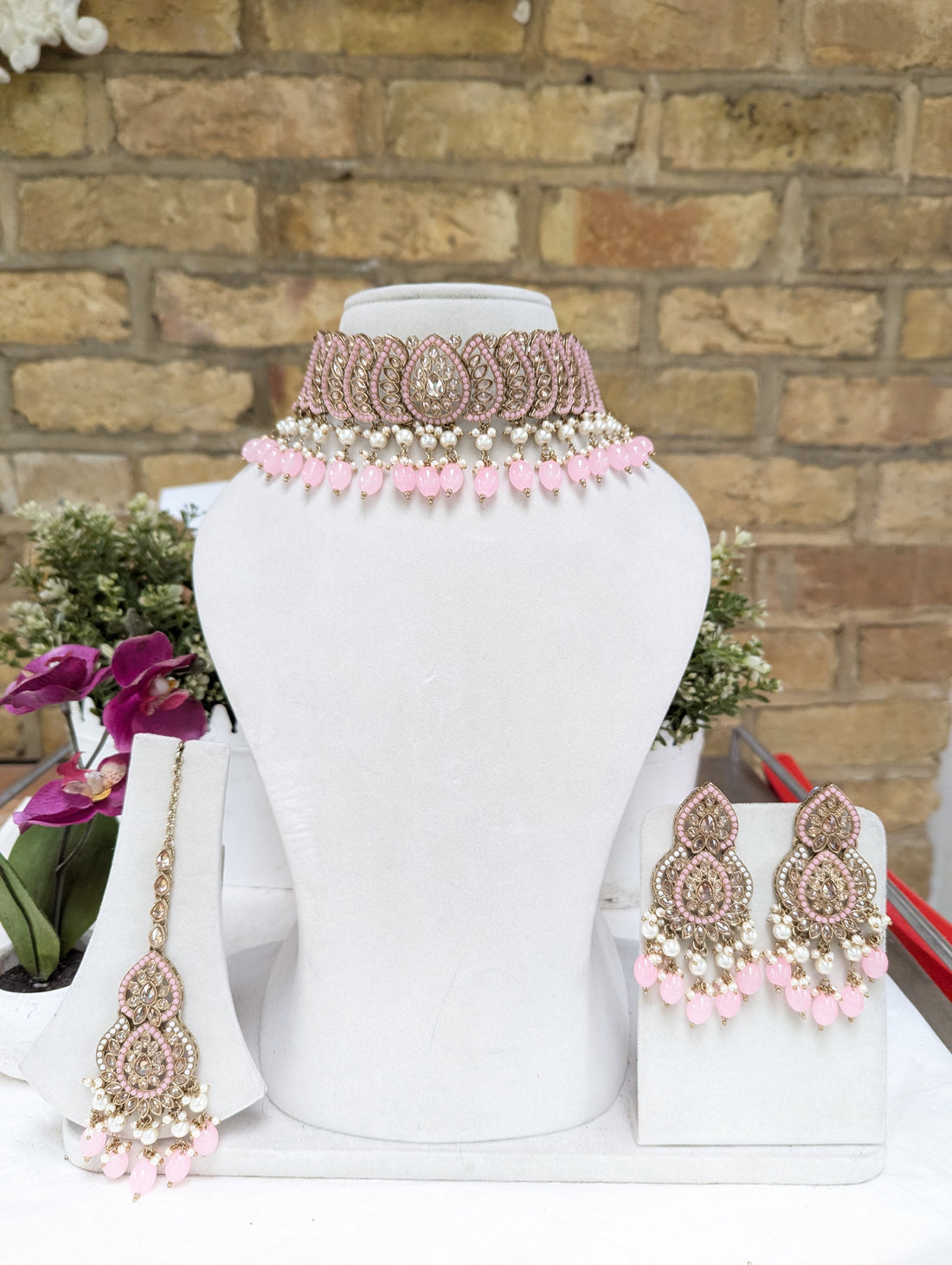 671 powder pink necklace jewellery set with earrings tikka