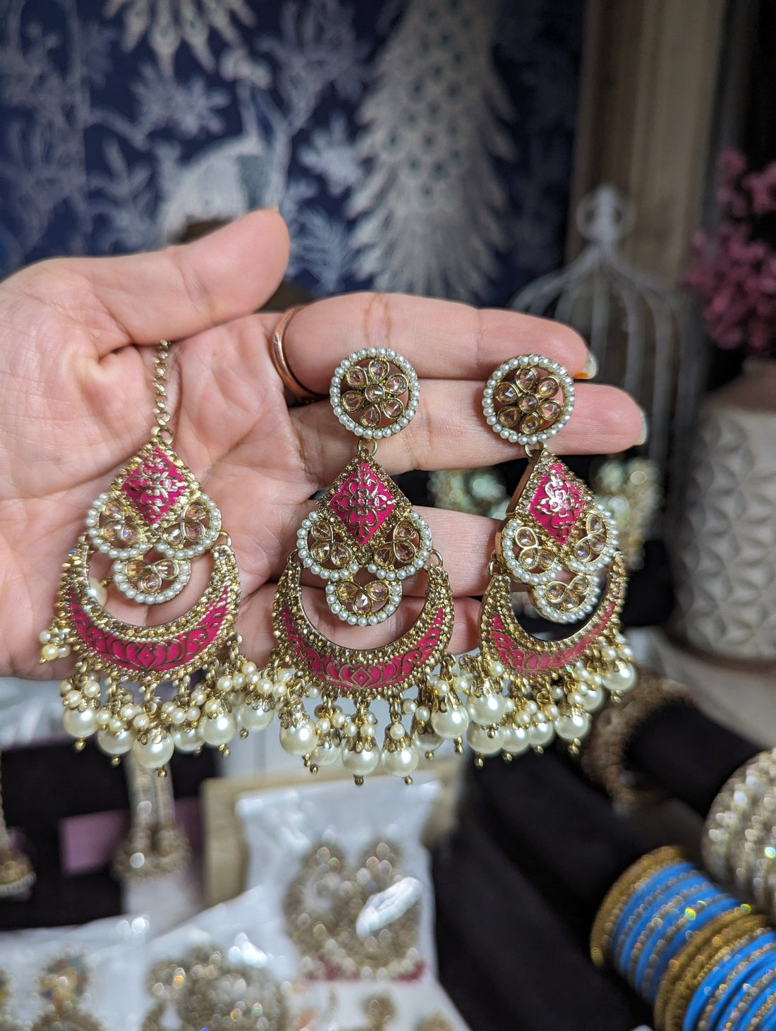 Beautiful hanging earrings with pearls - KundanByNadia