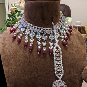 Dark Maroon & Colorful Necklace With Earrings & Tikka - KundanByNadia