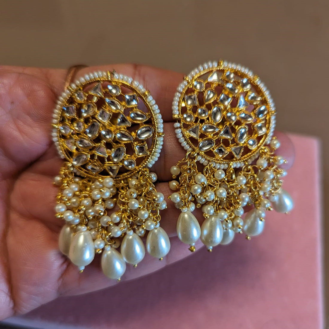 Gold n White Beads Studs Set - KundanByNadia