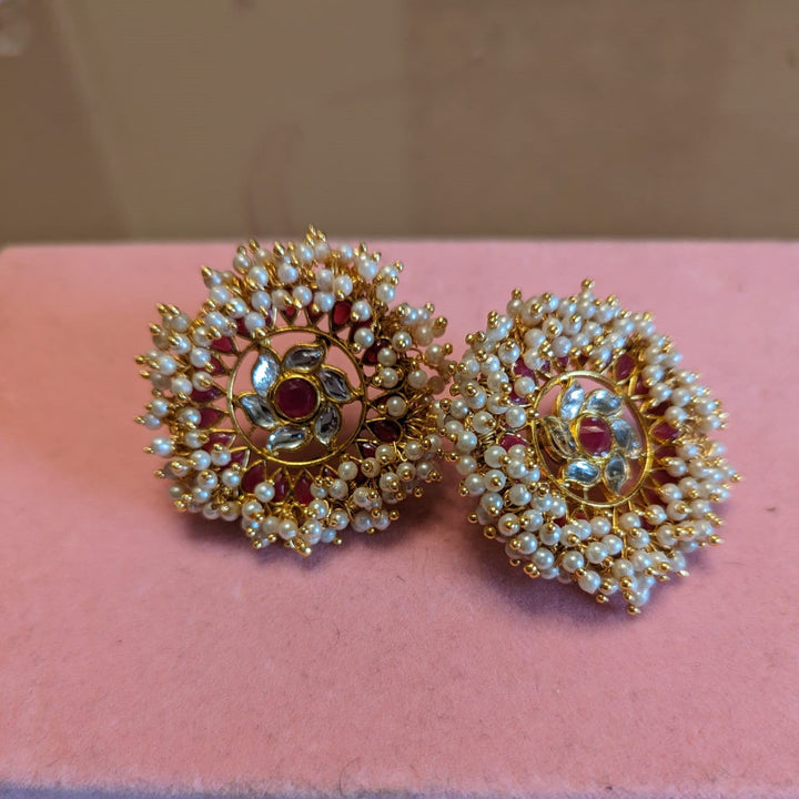 Golden and White Beads & Flower Studs Set - KundanByNadia