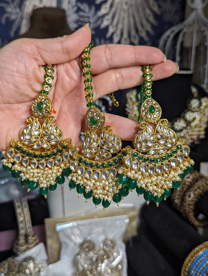 Green and gold earrings with saharay - KundanByNadia