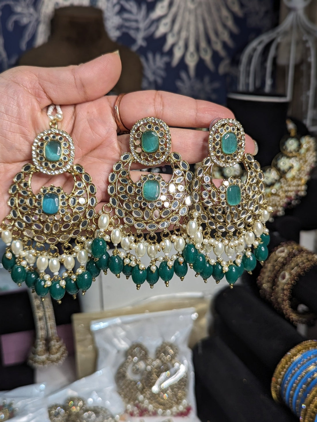 Green hanging earrings with pearls - KundanByNadia