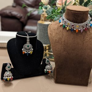 Multicolored Beads Necklace With Tikka & Earrings - KundanByNadia