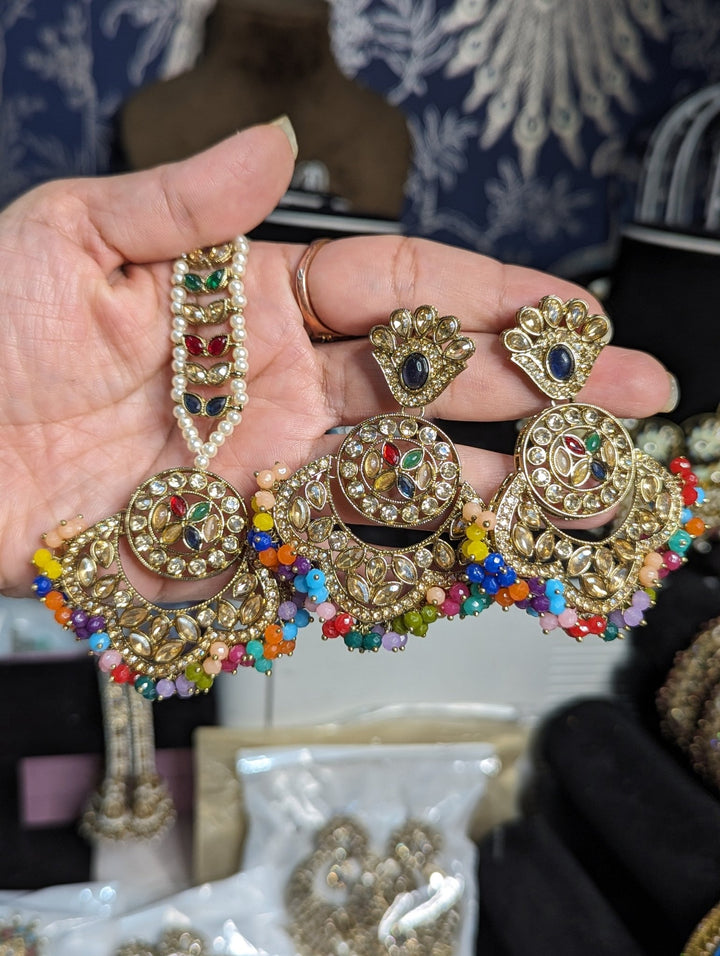 Multicoloured earings jhumki tikka jewellery set - KundanByNadia