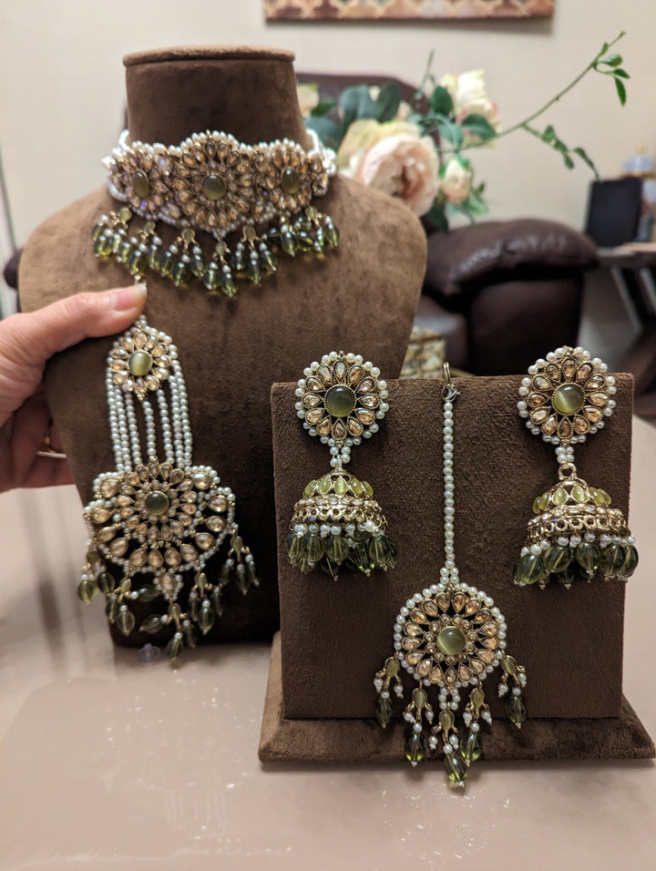 Olive colour bridal necklace jewellery set - KundanByNadia