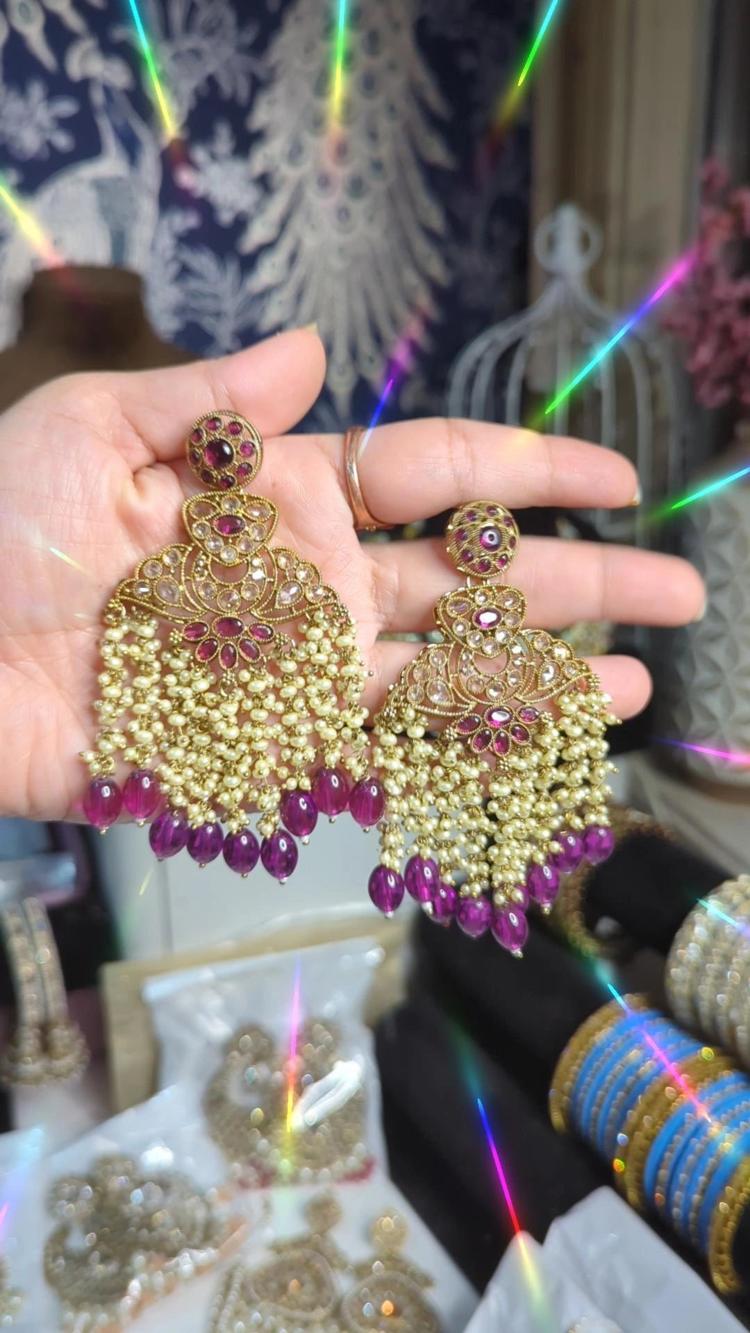 Purple and pearls champagne earrings - KundanByNadia