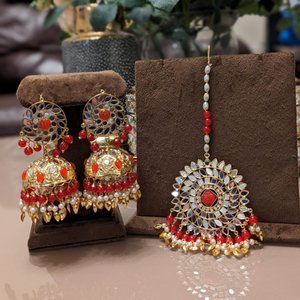 Red, Golden & Mirrors Set With Tikka - KundanByNadia