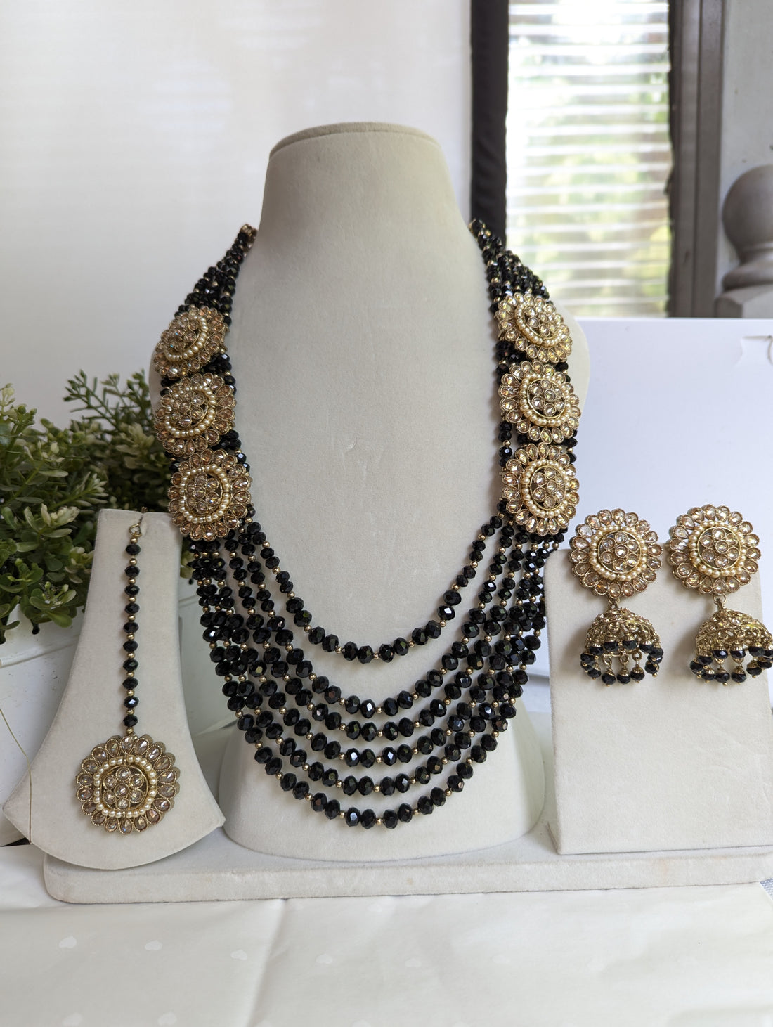 Black long mala stunning beads necklace jewellery set