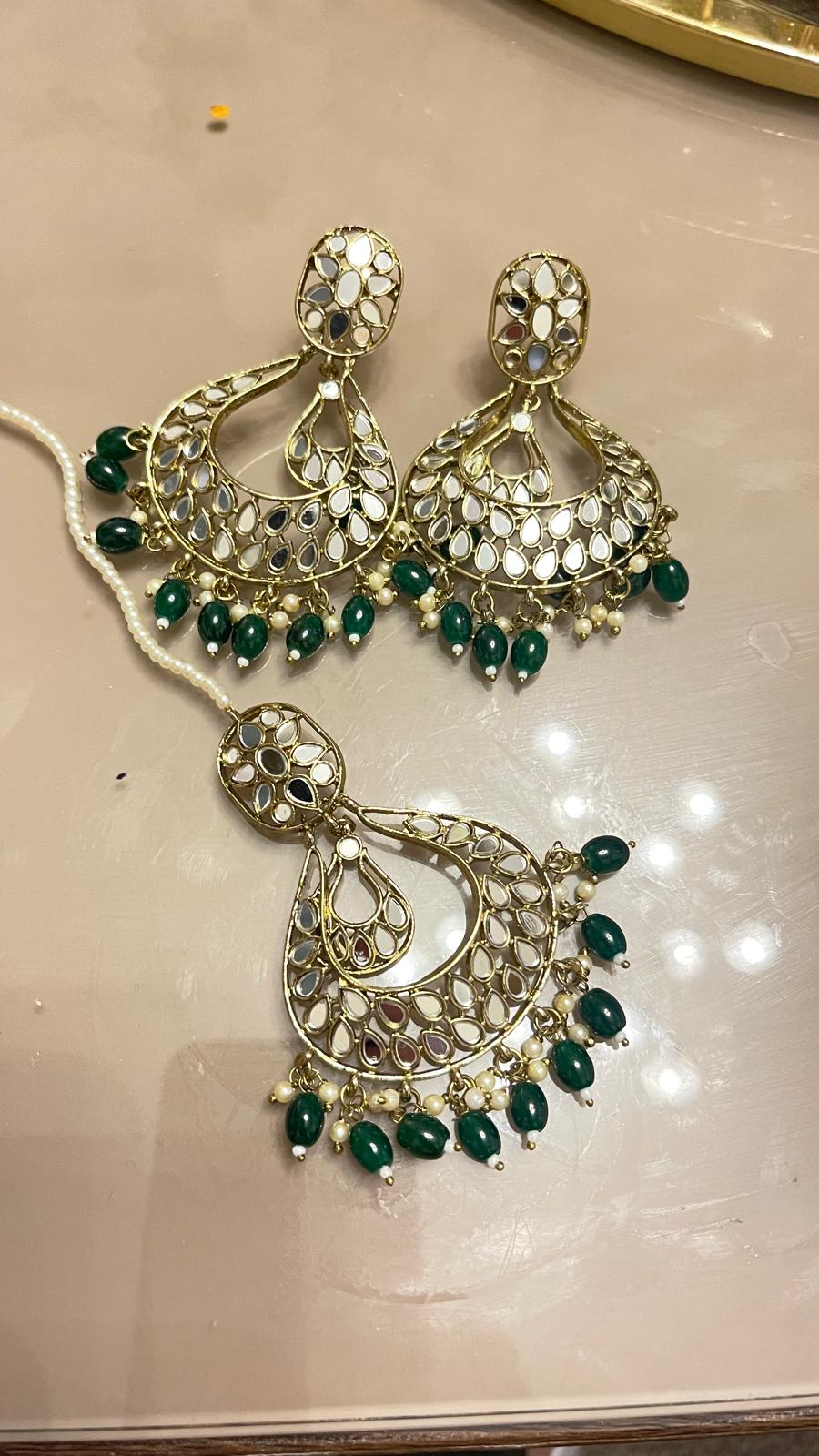 green colour oversized earrings jewellery set