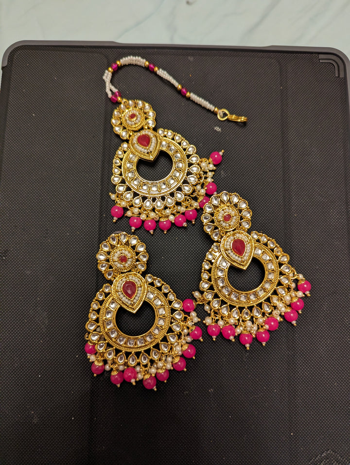 Hot pink earrings tikka jewellery set