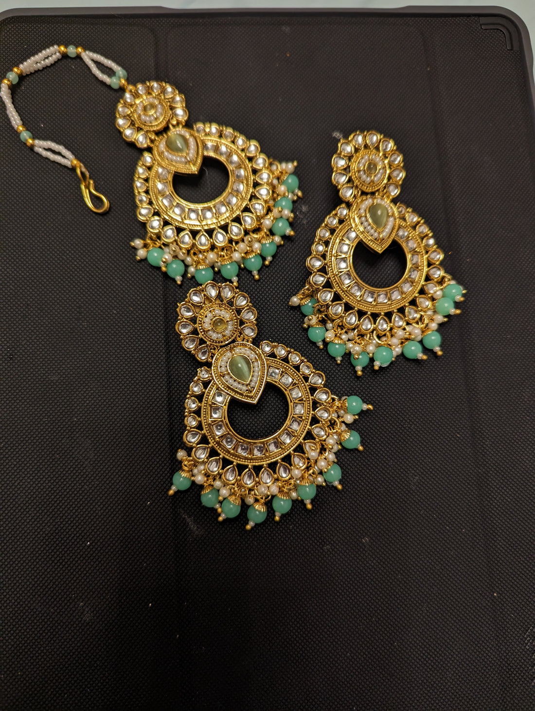 green colour oversized earrings jewellery set