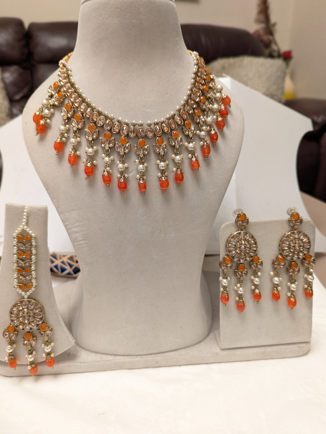 77 orange colour necklace jewellery set for bridal mehndi