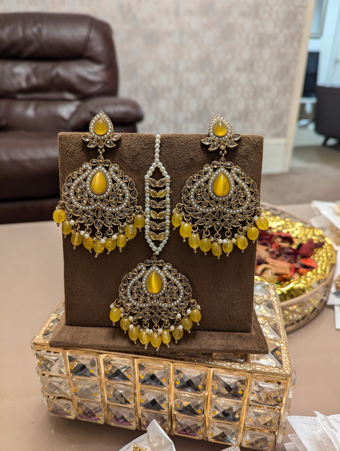 Yellow oversized earrings tikka jewellery set