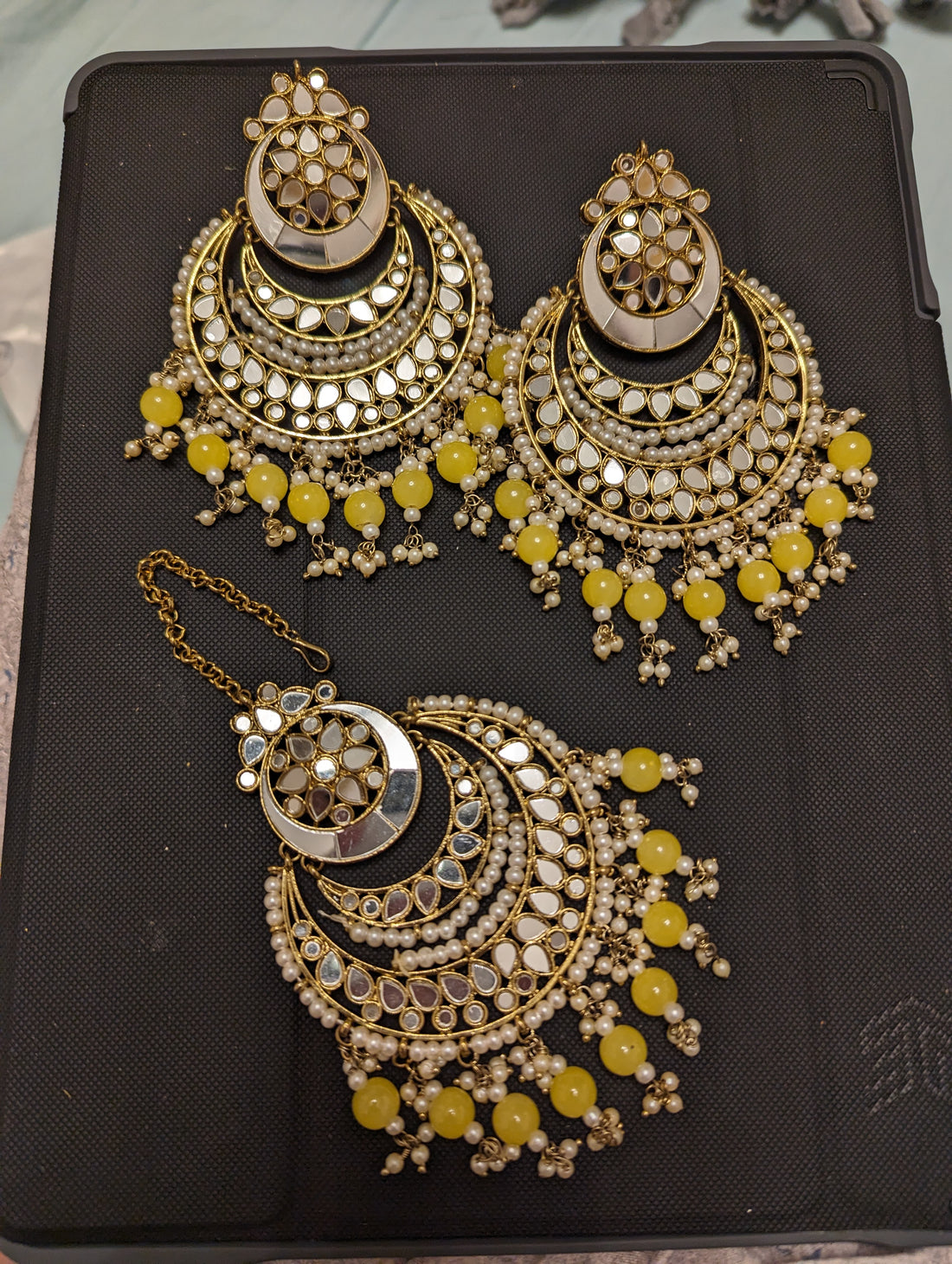 Yellow oversized earrings tikka jewellery set