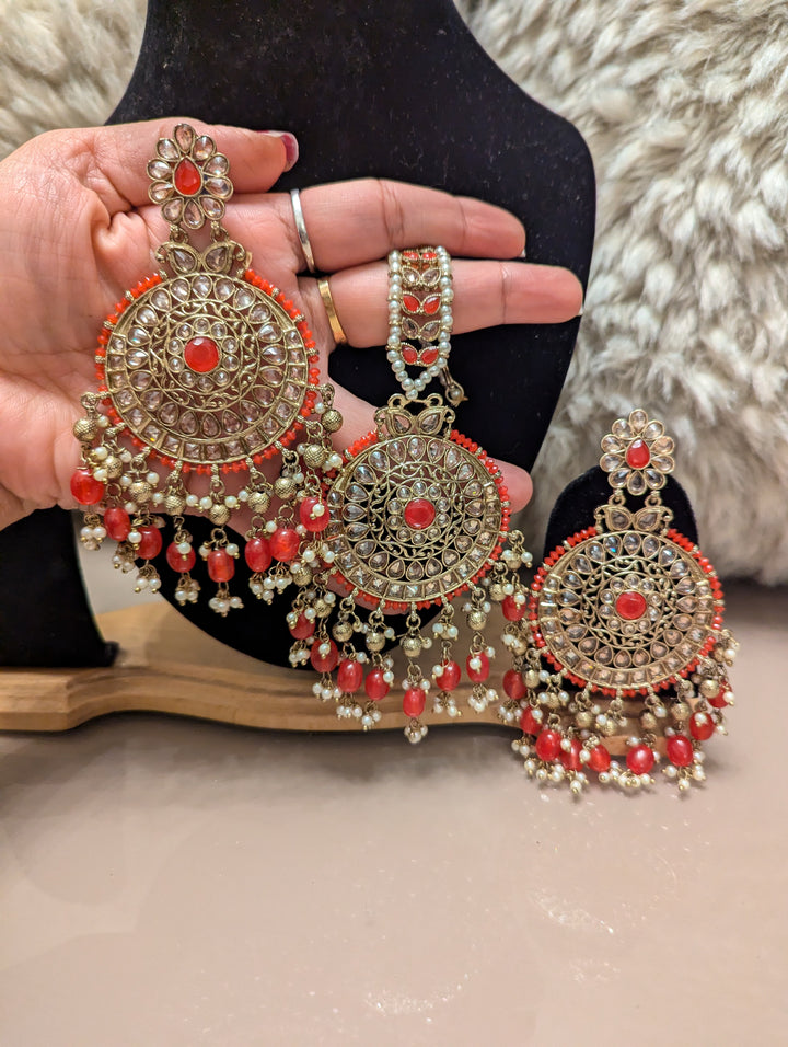 Red oversized earrings jewellery set with tikka