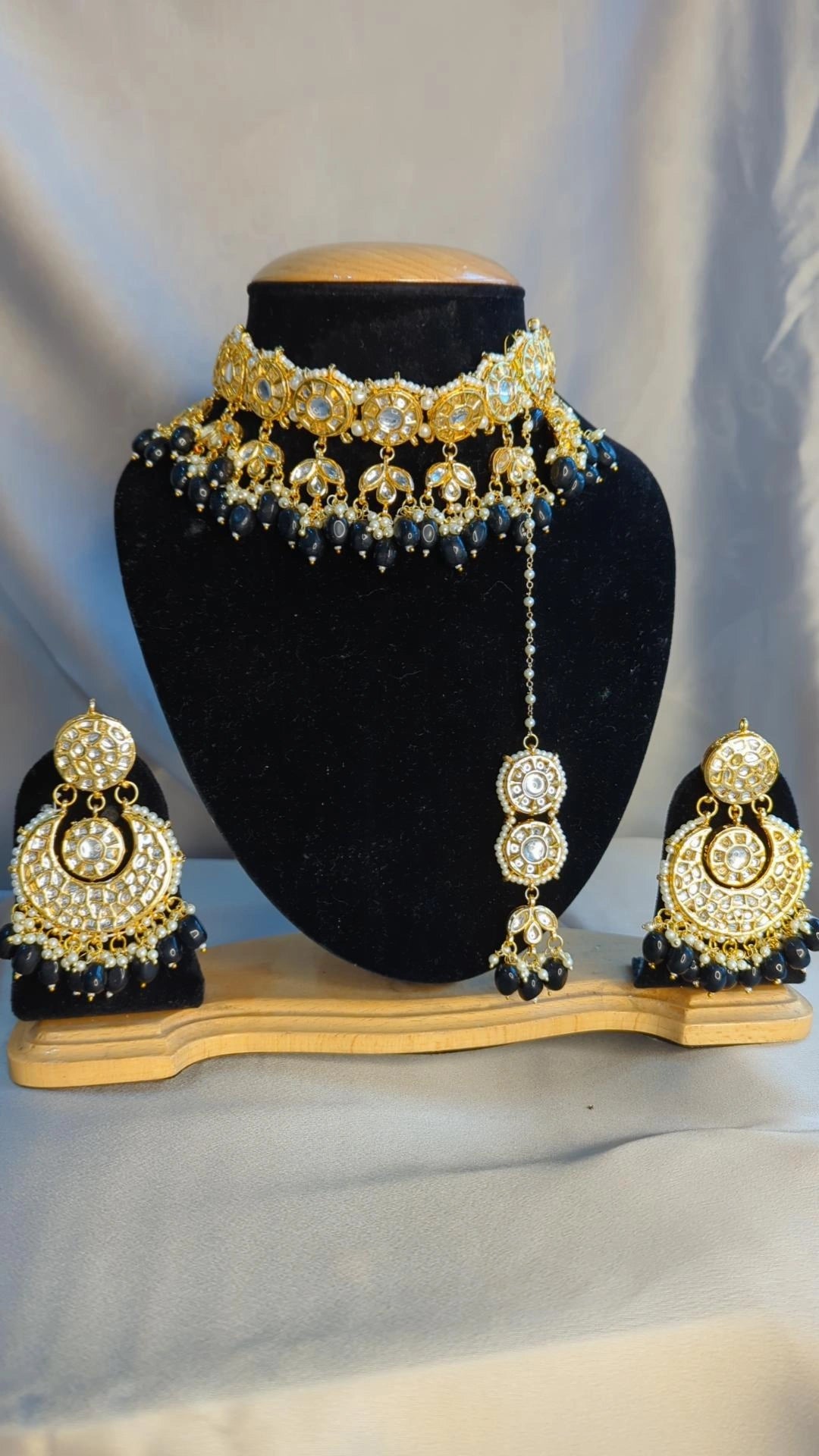 Dark blue Meena kundan necklace jewellery set with earrings tikka set