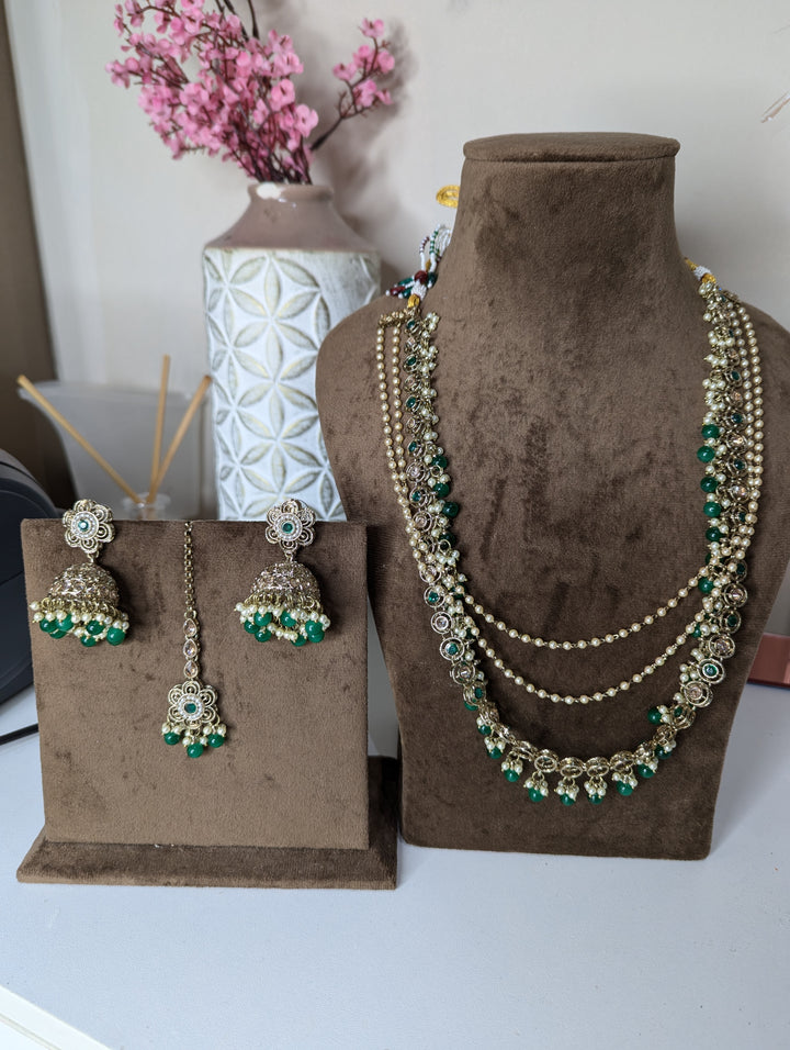 Green mala with jhumki earrings set