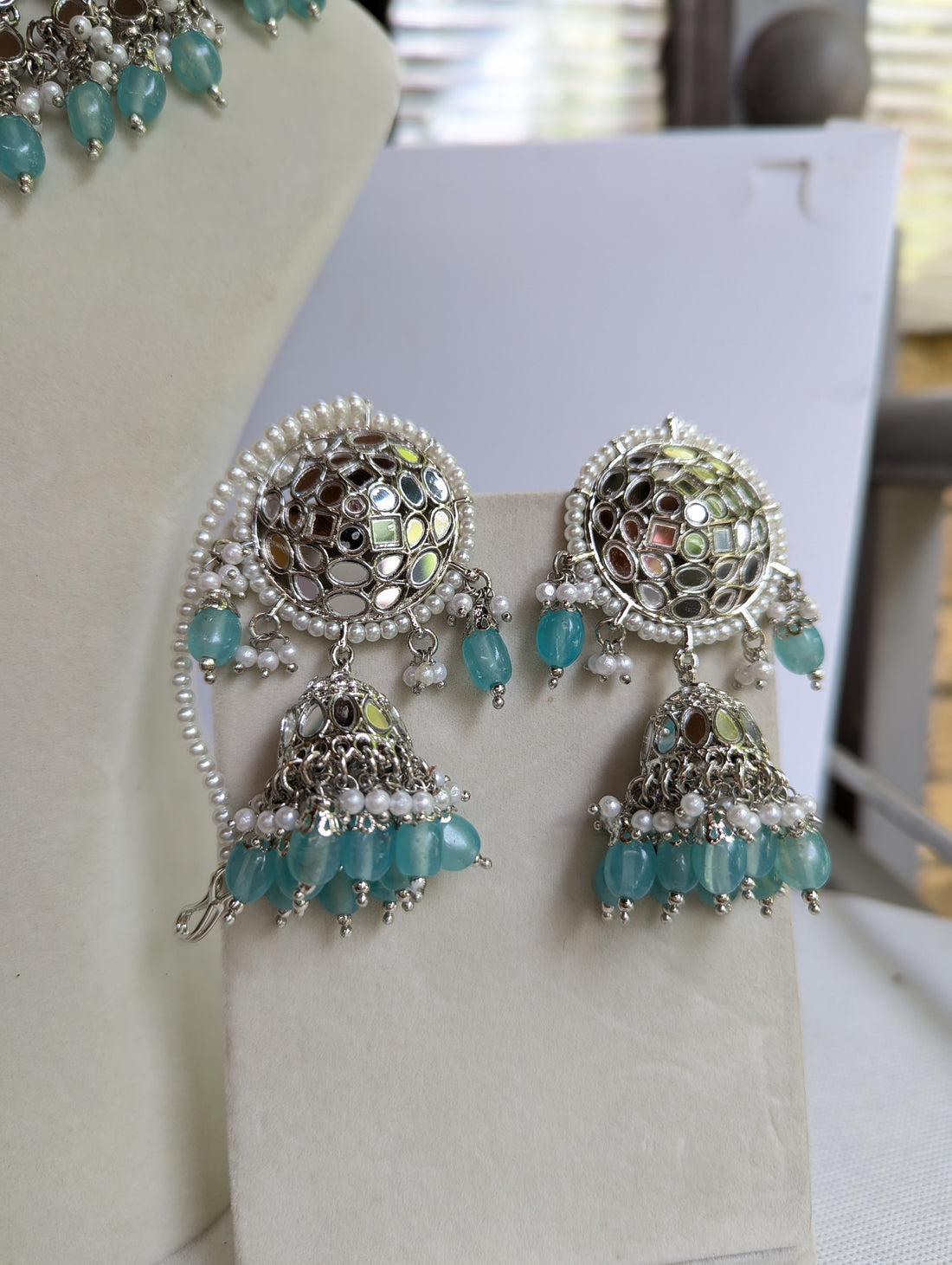 Sky blue bridal necklace jewellery set with jhoomar tikka