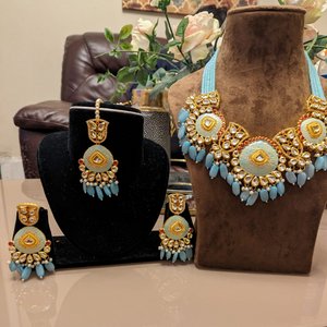 SB & Orange Shades Set With Tikka & Earrings - KundanByNadia